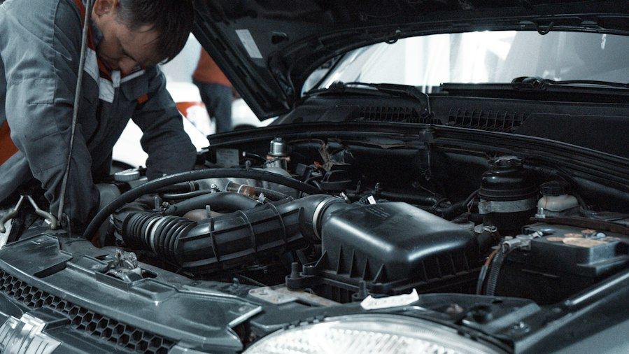 Technician checking an engine