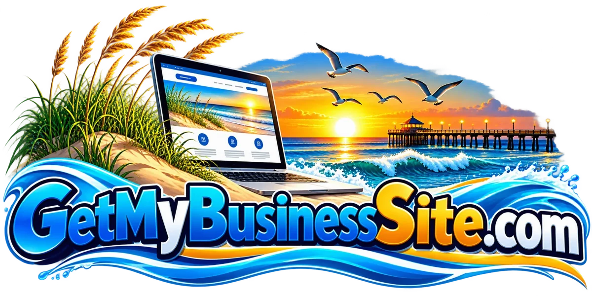 GetMyBusinessSite.com logo: a laptop on a beach dune at sunrise with a fishing pier and seagulls